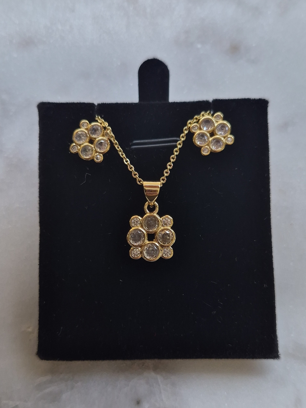 Gold Plated CZ Flower Necklace and Earrings